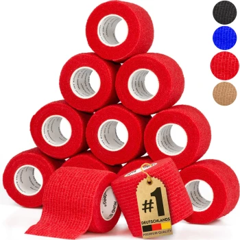 Ein Stapel roter selbstklebender Verbandrollen mit einem Etikett, das "#1 DEUTSCHLANDS PREMIUM QUALITÄT" liest und Farbmustern in Schwarz, Blau, Rot und Braun.