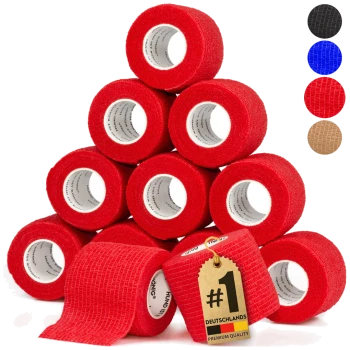 Ein Stapel roter selbstklebender Verbandrollen mit einem Etikett, das "#1 DEUTSCHLANDS PREMIUM QUALITÄT" liest und Farbmustern in Schwarz, Blau, Rot und Braun.