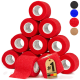 Ein Stapel roter selbstklebender Verbandrollen mit einem Etikett, das "#1 DEUTSCHLANDS PREMIUM QUALITÄT" liest und Farbmustern in Schwarz, Blau, Rot und Braun.