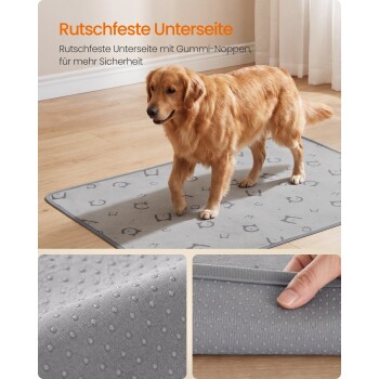 Golden Retriever auf einer grau gemusterten Haustiermatte mit gepunkteter, rutschfester Unterseite; Einsatz-Nahaufnahmen; sichtbarer Text 'Rutschfeste Unterseite'.