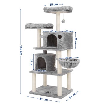 Grauer mehrstöckiger Katzenbaum mit zwei Plattformen, zwei geschlossenen Häusern und einem hängenden Spielzeug, 152 cm hoch und 61 cm breit.