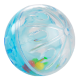 Clear plastic pet toy ball with colorful treats visible inside, featuring holes for easy access and play.