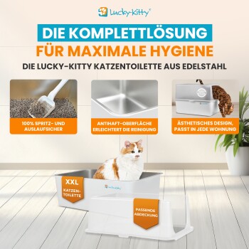 Lucky-Kitty Edelstahl-XXL-Katzentoilette mit Deckel und Katze; Text 'Die Komplettlösung für maximale Hygiene'.