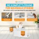Lucky-Kitty Edelstahl-XXL-Katzentoilette mit Deckel und Katze; Text 'Die Komplettlösung für maximale Hygiene'.