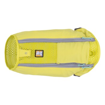 Gelbe Hundetragetasche mit Netzseiten, mit einem grauen Reißverschluss und einem "Ruffwear" Logo-Patch.