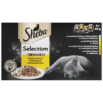 Sheba Selection Katzenfutterverpackung mit einer grauen Katze, einem Teller mit Nassfutter und Text: "In Sauce," "Fågel/Fjerkræ Delikatesser," "8x 85 g."