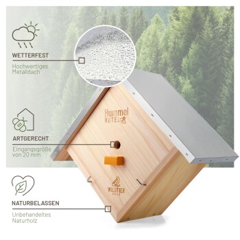 Ein Holz-Bienenhotel mit einem Metalldach, beschriftet mit 'Hummel HOTEL' und 'WILDTIER LIEBE', entworfen für wetterfesten, artengerechten Einsatz.