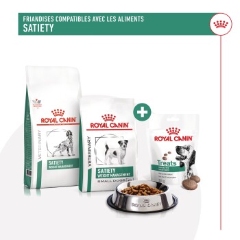 Produits vétérinaires Royal Canin pour chiens, avec des sacs "Satiety Weight Management" et des "Friandises" à haute teneur en protéines.