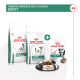 Produits vétérinaires Royal Canin pour chiens, avec des sacs "Satiety Weight Management" et des "Friandises" à haute teneur en protéines.