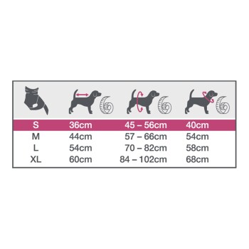Size chart for dog harnesses showing measurements for sizes S, M, L, and XL with corresponding neck and chest dimensions.