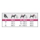 Size chart for dog harnesses showing measurements for sizes S, M, L, and XL with corresponding neck and chest dimensions.