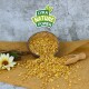 Eine Holzschüssel mit goldenen Haferflocken auf Jute, mit einer Schaufel und einer Blume, die das Logo "LYRA NATURE POWER" darüber zeigt.