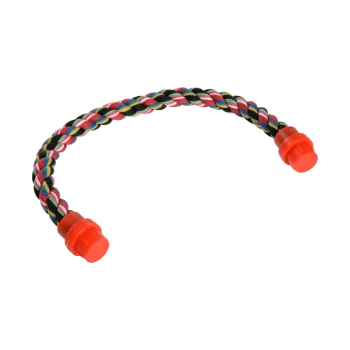 Colorful braided dog toy with red plastic ends, designed for chewing and tugging.