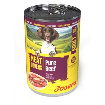 Dose Josera Hundefutter mit der Aufschrift 'Meat Lovers Pure Beef', Hundefoto sowie den Texten 'Adult' und 'Grain Free'.