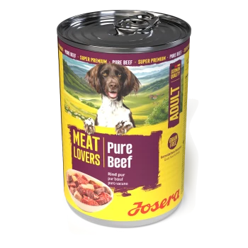 Dose Josera Hundefutter mit der Aufschrift 'Meat Lovers Pure Beef', Hundefoto sowie den Texten 'Adult' und 'Grain Free'.