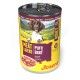 Dose Josera Hundefutter mit der Aufschrift 'Meat Lovers Pure Beef', Hundefoto sowie den Texten 'Adult' und 'Grain Free'.