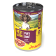 Dose Josera Hundefutter mit der Aufschrift 'Meat Lovers Pure Beef', Hundefoto sowie den Texten 'Adult' und 'Grain Free'.
