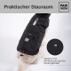 Eine schwarze Hundejacke mit einer Reißverschlusstasche, die mit "PAW WOW" beschriftet ist, und dem Text "Praktischer Stauraum."