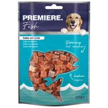 Verpakking van hondensnoepjes met zalmsmaak, gelabeld 'PREMIERE. Fish,' met een afbeelding van een golden retriever en tekst in meerdere talen.