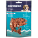 Emballage de friandises pour chiens avec des cubes au goût de saumon, étiqueté "PREMIERE. Fish," avec une image de golden retriever et du texte en plusieurs langues.