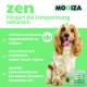 Ein entspannter Hund sitzt neben einem Behälter von "MOOIZA zen," einem natürlichen Produkt zur Förderung der Entspannung. Der Text hebt die Vorteile für Angst und Stress hervor.