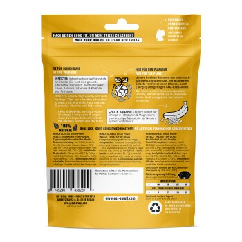 Rückseite einer Tierleckerlipackung mit insektenbasierten Snacks für Hunde, die ernährungsphysiologische Vorteile und Nachhaltigkeit in Deutsch und Englisch hervorhebt.