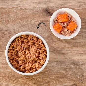 Eine Schüssel mit zerkleinertem Haustierfutter neben einem kleinen Geschirr mit Lachsstücken und zerkleinertem Fisch, auf einer Holzoberfläche platziert.