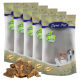 Fünf Beutel Lyra Pet Nature Power Hundeleckerlis, mit einem Stapel Leckerlis davor, mit einem Premium-Qualitätslabel und einer 10-Jahres-Garantie.