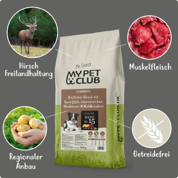 Hundefuttertasche mit der Aufschrift "My Pet Club", die Rehfleisch, Kartoffeln, Heidelbeeren und Kräuter enthält; hebt getreidefreie und regionale Zutaten hervor.