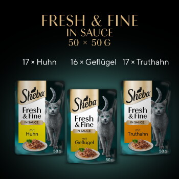 Sheba Fresh & Fine in Sauce 50×50 g Katzenbeutel mit grauer Katze; oben: FRESH & FINE IN SAUCE; 17× Huhn, 16× Geflügel, 17× Truthahn.