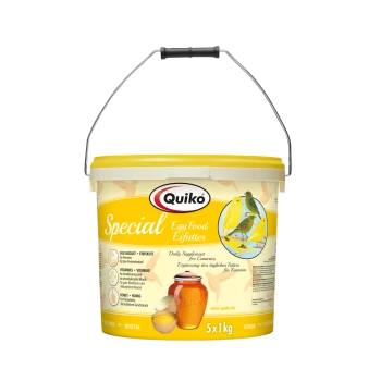Quiko Spezial-Ei-Futter-Eimer für Kanarienvögel, mit einem gelben Design und Bildern von Vögeln, als tägliches Ergänzungsfutter mit Honig und Vitaminen gekennzeichnet.