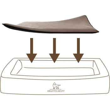 Eine Designillustration eines Haustierbettes mit einem weichen, abnehmbaren Kissen auf einer rechteckigen Basis, beschriftet 'KNUFFELWUFF.'