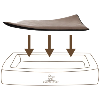 Eine Designillustration eines Haustierbettes mit einem weichen, abnehmbaren Kissen auf einer rechteckigen Basis, beschriftet 'KNUFFELWUFF.'