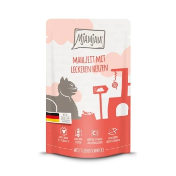 Pochette de nourriture pour chats Mjamjam avec une silhouette de chat joueur, fond rose, et texte 'Mahlzeit mit leckeren Herzen' avec des revendications de qualité.