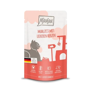 Mjamjam kattenvoer zakje met een speelse kat silhouet, roze achtergrond, en tekst 'Mahlzeit mit leckeren Herzen' met kwaliteitsclaims.