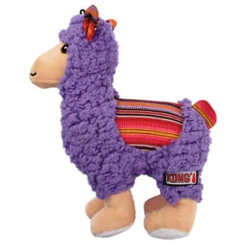 Sherps Lama Jouet pour chien en peluche violet en forme de lama avec un corps en tissu rayé et une texture douce et duveteuse, arborant un logo KONG sur la patte.
