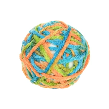 Bunte Wollknäuel-Spielzeuge für Haustiere, mit lebhaften orange, blauen und grünen Strängen, ideal für verspielte Katzen oder kleine Hunde.