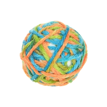 Bunte Wollknäuel-Spielzeuge für Haustiere, mit lebhaften orange, blauen und grünen Strängen, ideal für verspielte Katzen oder kleine Hunde.