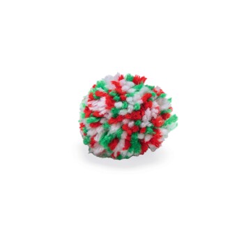Multicolored red, green, and white fluffy pom-pom ball pet toy on a white background.