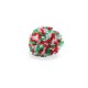 Multicolored red, green, and white fluffy pom-pom ball pet toy on a white background.