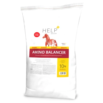 Weißer Sack mit Josera Amino Balancer für Pferde, beschriftet mit "HILFE" und "10 kg", mit einer roten Pferdegrafik und Nährwertangaben.