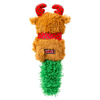 Plush dog toy shaped like a reindeer with red antlers, green polka dot scarf, and green curly tail, labeled "KONG".
