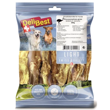 DeliBest Hundeleckerlis Verpackung mit großen Straußensehnen, 200g. Etiketten weisen auf glutenfrei, fettarm und Schweizer Qualität hin.