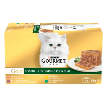Packung Purina Gourmet Gold Katzen-Terrine, mit einer flauschigen weißen Katze auf der Vorderseite, mit den Geschmacksrichtungen: Lachs, Huhn, Lamm und Kaninchen.