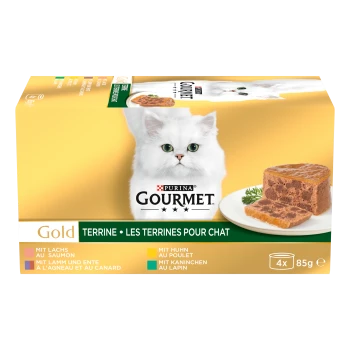 Packung Purina Gourmet Gold Katzen-Terrine, mit einer flauschigen weißen Katze auf der Vorderseite, mit den Geschmacksrichtungen: Lachs, Huhn, Lamm und Kaninchen.