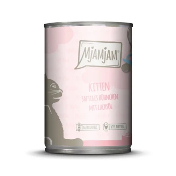 Nassfutter Katze Kitten, Huhn mit Lachsöl 6x400 g Eine Dose Mjamjam Kittenfutter mit einem rosa Hintergrund, mit dem Text "Kitten, saftiges Hühnchen mit Lachsöl" und Illustrationen einer Katze.