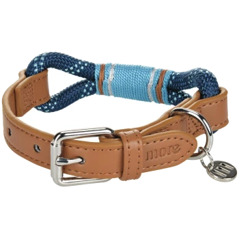Collier pour chien en cuir fauve avec boucle et anneau argentés, accent en corde tissée bleue et petite médaille ronde en métal, embossé « more ».