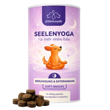 Eine Tüte "Seelenyoga" Entspannungs- und Beruhigungssnacks für Haustiere, mit einem floralen Design und kleinen braunen Leckereien vorne.