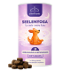 Eine Tüte "Seelenyoga" Entspannungs- und Beruhigungssnacks für Haustiere, mit einem floralen Design und kleinen braunen Leckereien vorne.