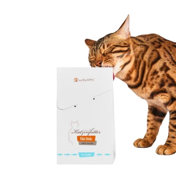Bengalkatze leckt an einer weißen Lucky-Kitty Katzenfutter-Filet-Sticks-Schachtel mit der Aufschrift '4x Forelle'.